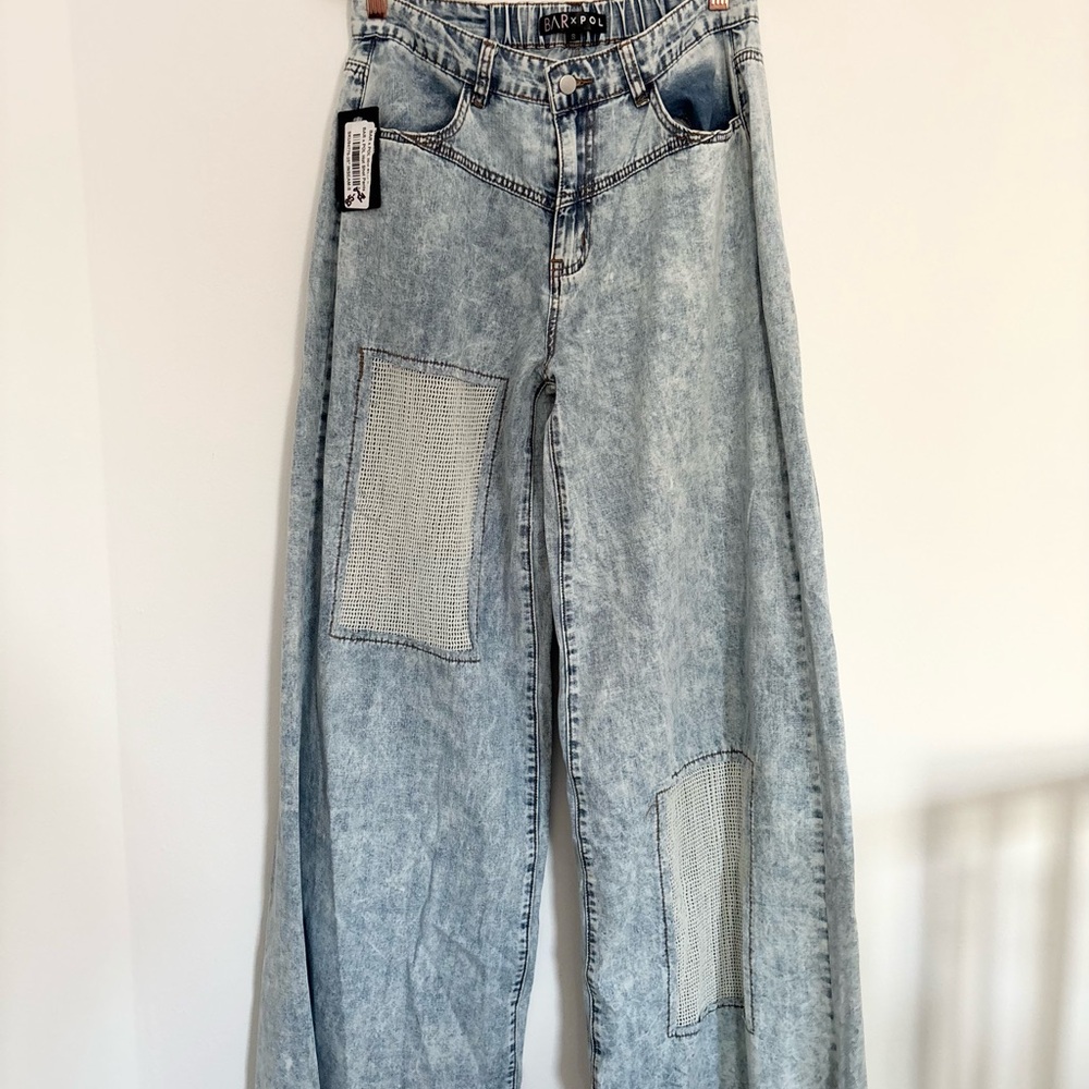 NWT POL Light Blue Wide Leg Jeans with Patch Details